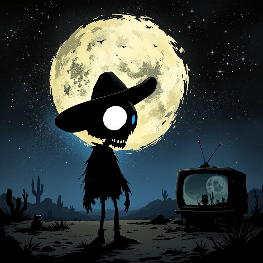 AI generated: moondrop old lonesome cowboy, skullen face, cartoon silhouette dark colors, left eye socket filled w...