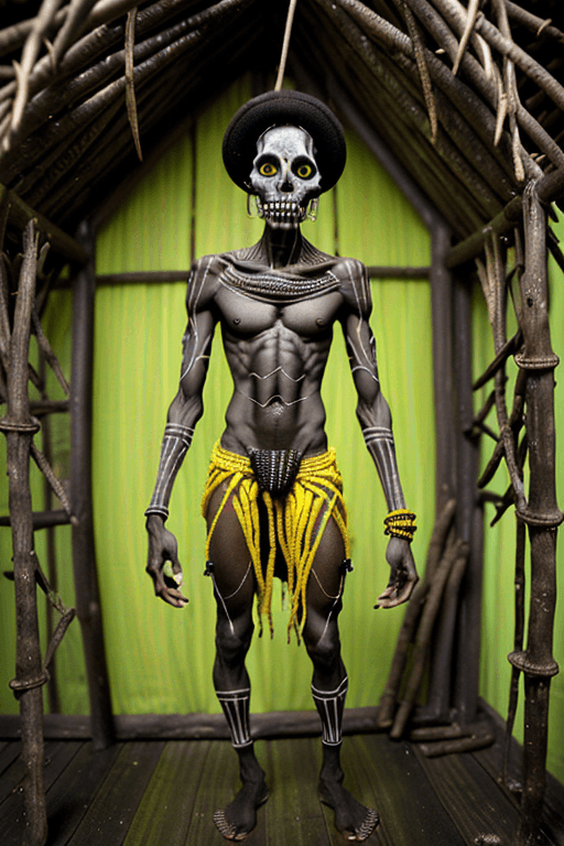 AI generated: A male voodoo priest in the creepy hut, with dark complexion skin, yellow eyes, symmetrical features...