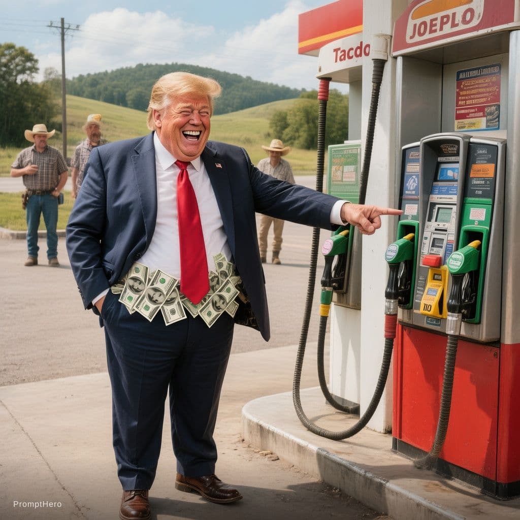 AI generated: Ultra realistic, U.S. President, 2026 Donald J. "TACO" Trump standing full body pointing to a gasoli...