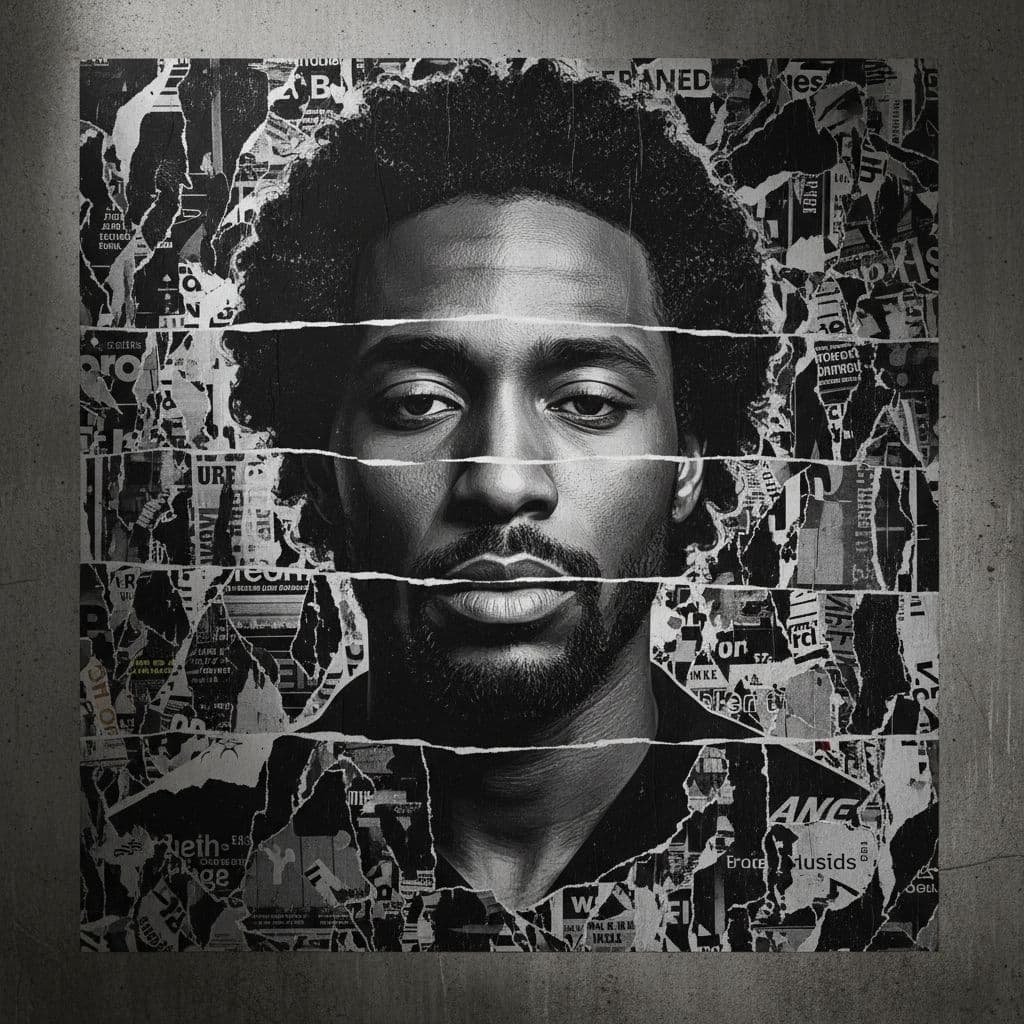 AI generated: Distressed, torn poster art of a brooding dark-skinned male figure with a soulful gaze, dark hair, a...