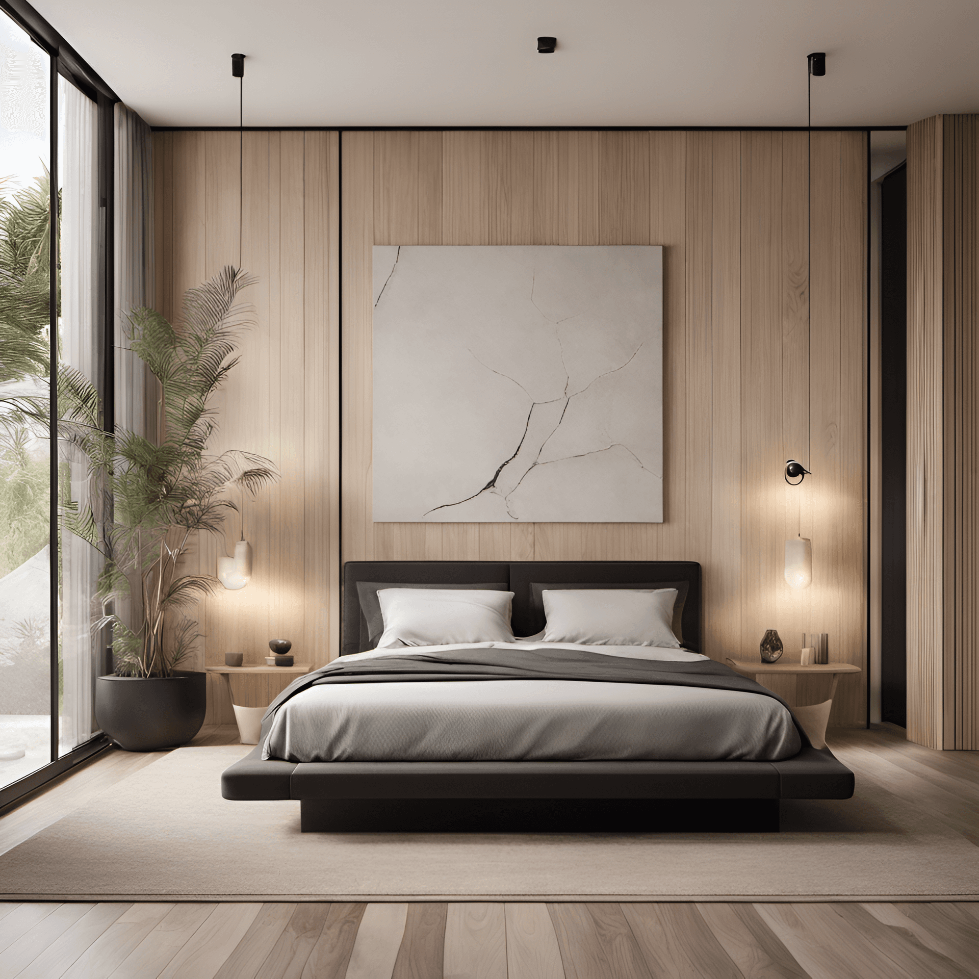 AI generated: Photorealistic image of a interior design bedroom, light wood floor, dreamy interior, Tulum inspired...
