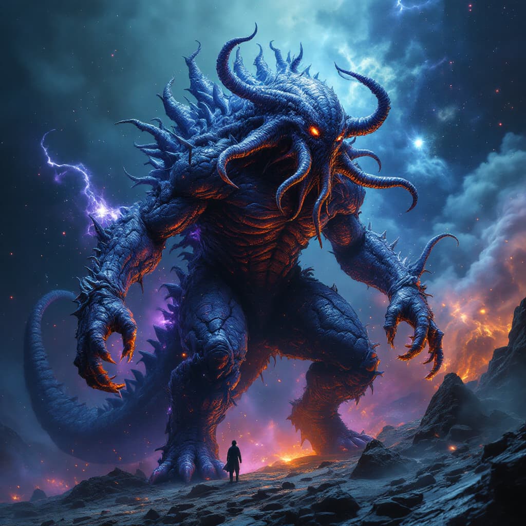 AI generated: humanoid cthulu with elements of godzilla, futuristic, dark cosmic background, ultra realistic, ultr...