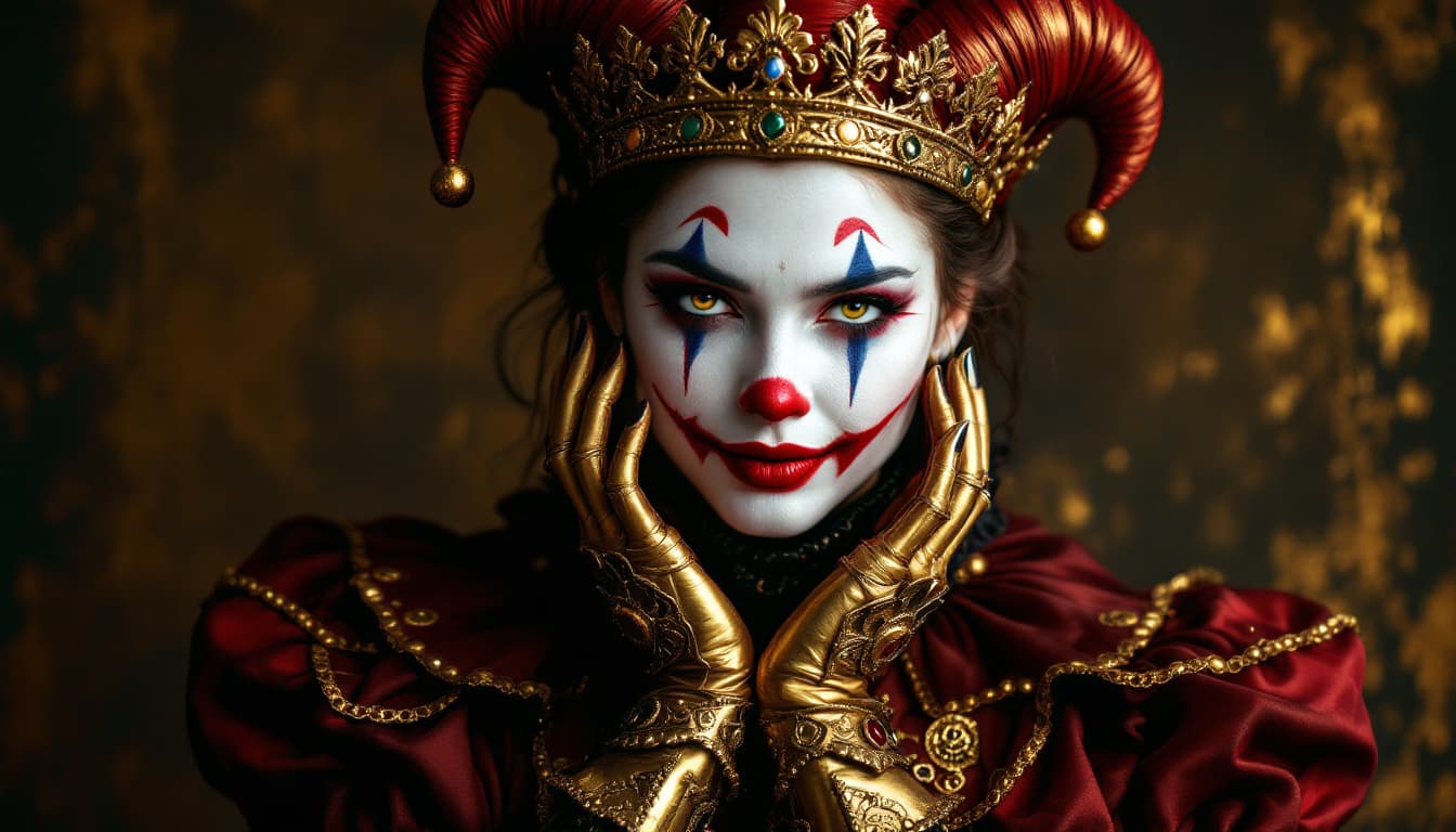 AI generated: Woman, jester-like (ethnicity:1.2), (age:25), (detailed clothing:1.2), (accessories:1.1), (facial fe...