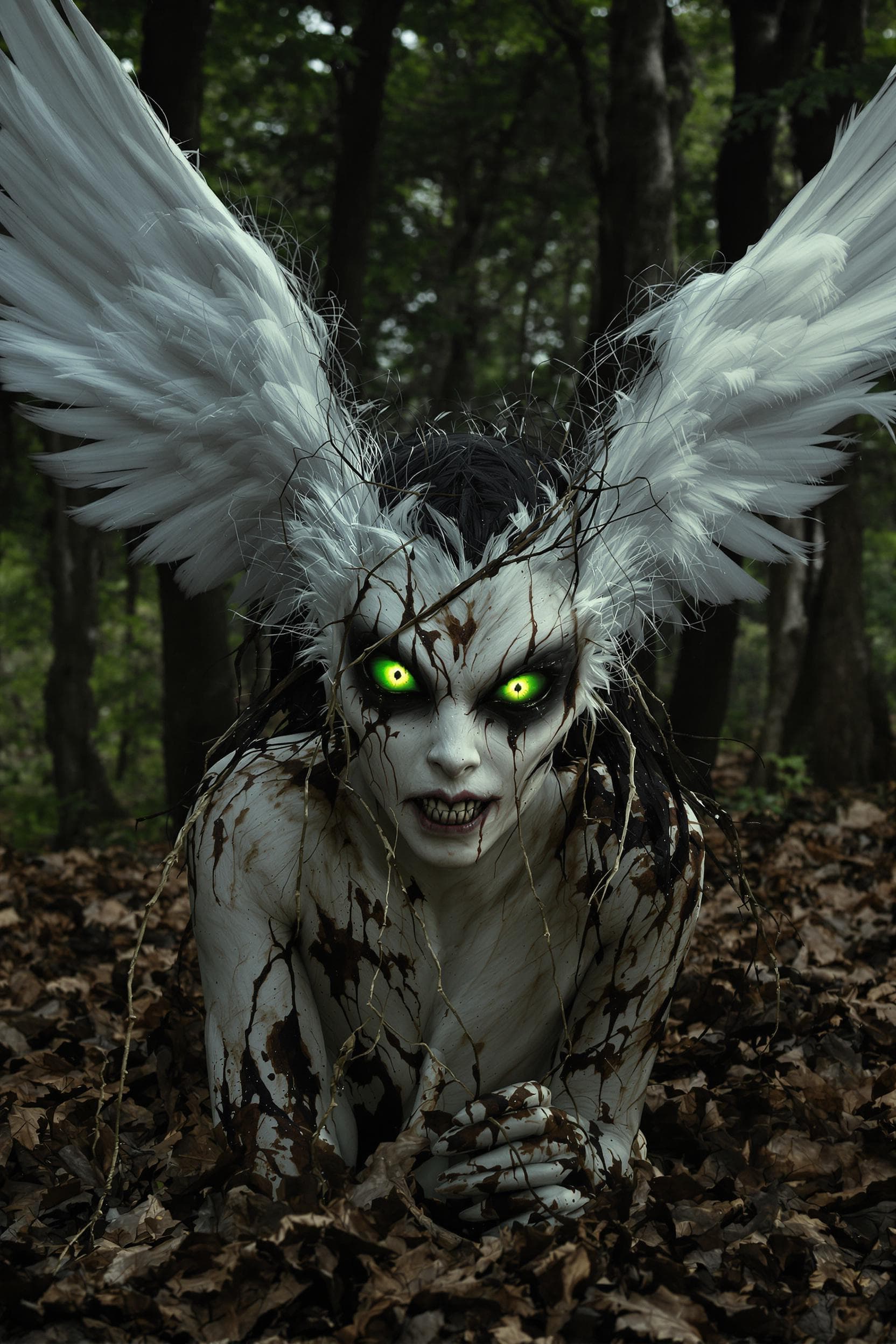 AI generated: Fée maléfique effrayante avec des ailes dans les bois, yeux verts terrifiants, brumeux, démoniaque, ...