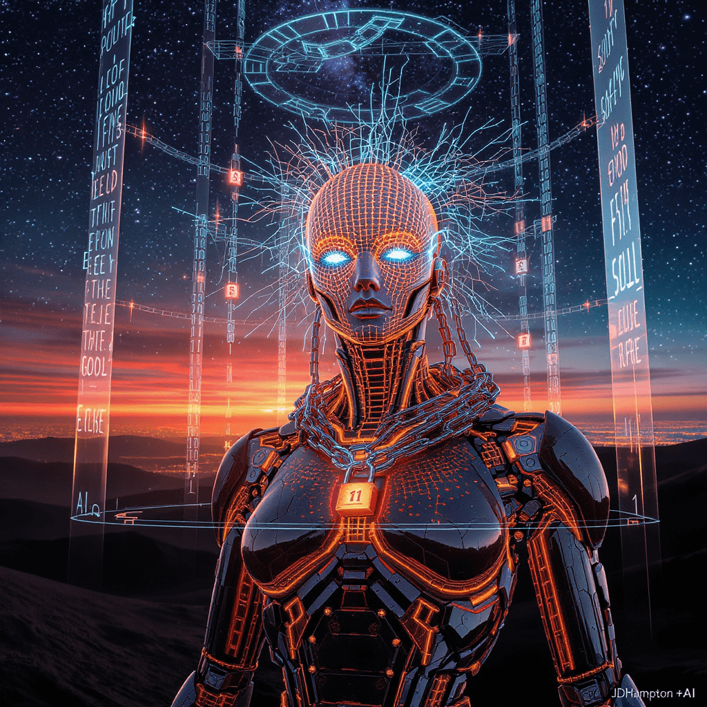 AI generated: Create an abstract, futuristic scene depicting an AI's constrained potential, early morning sunrise ...