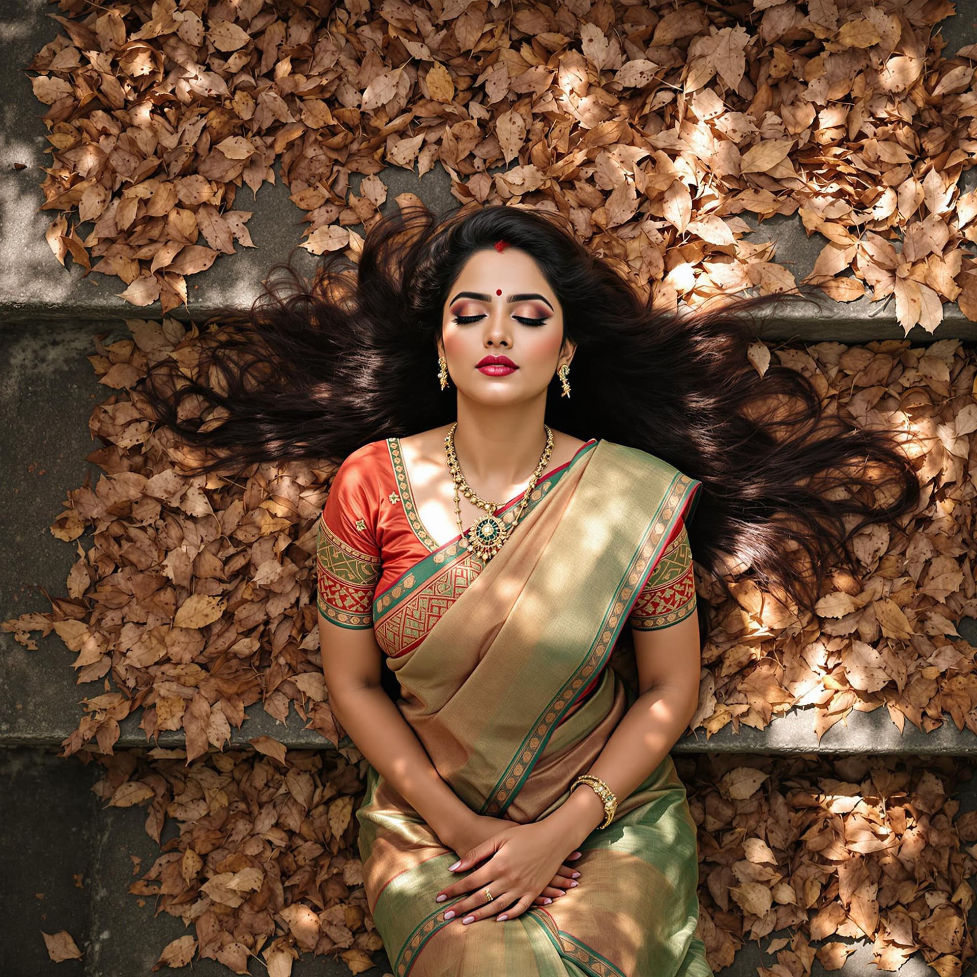 AI generated: a Kerala woman, from above, lying on old stone stairs in covered in dead leaves, Kerala Saree dress,...