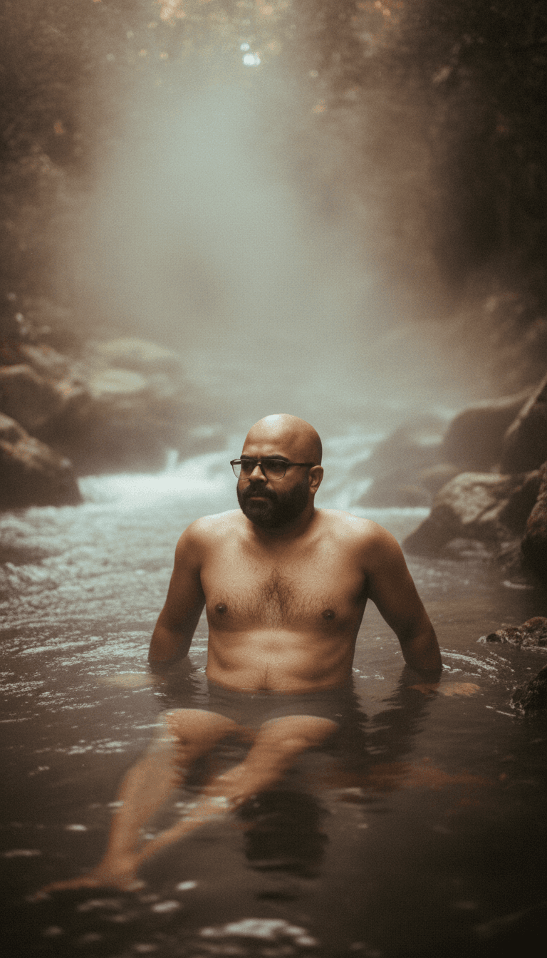 AI generated: hot spring in  a wild river flow, steam rises from the water,  a handsome, stylish young man with a ...