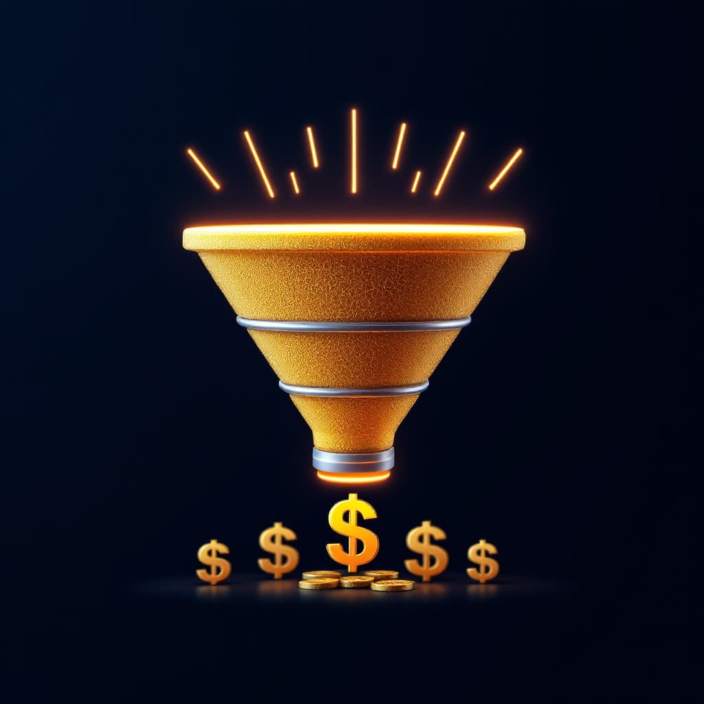 AI generated: A funnel icon with money signs at the bottom, representing leads converting into revenue dslr, ultra...