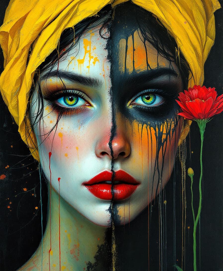 AI generated: painting of a woman with a yellow scarf and a red flower, by Igor Morski, good and evil, day - glow ...