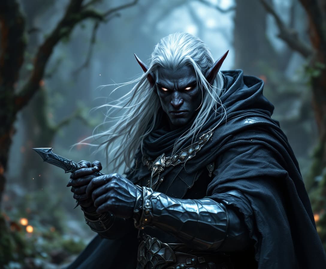 AI generated: Fantasy DnD style, (A handsome dark skinned Dark Elf Man with Ebony skin), long white Hair, long ear...