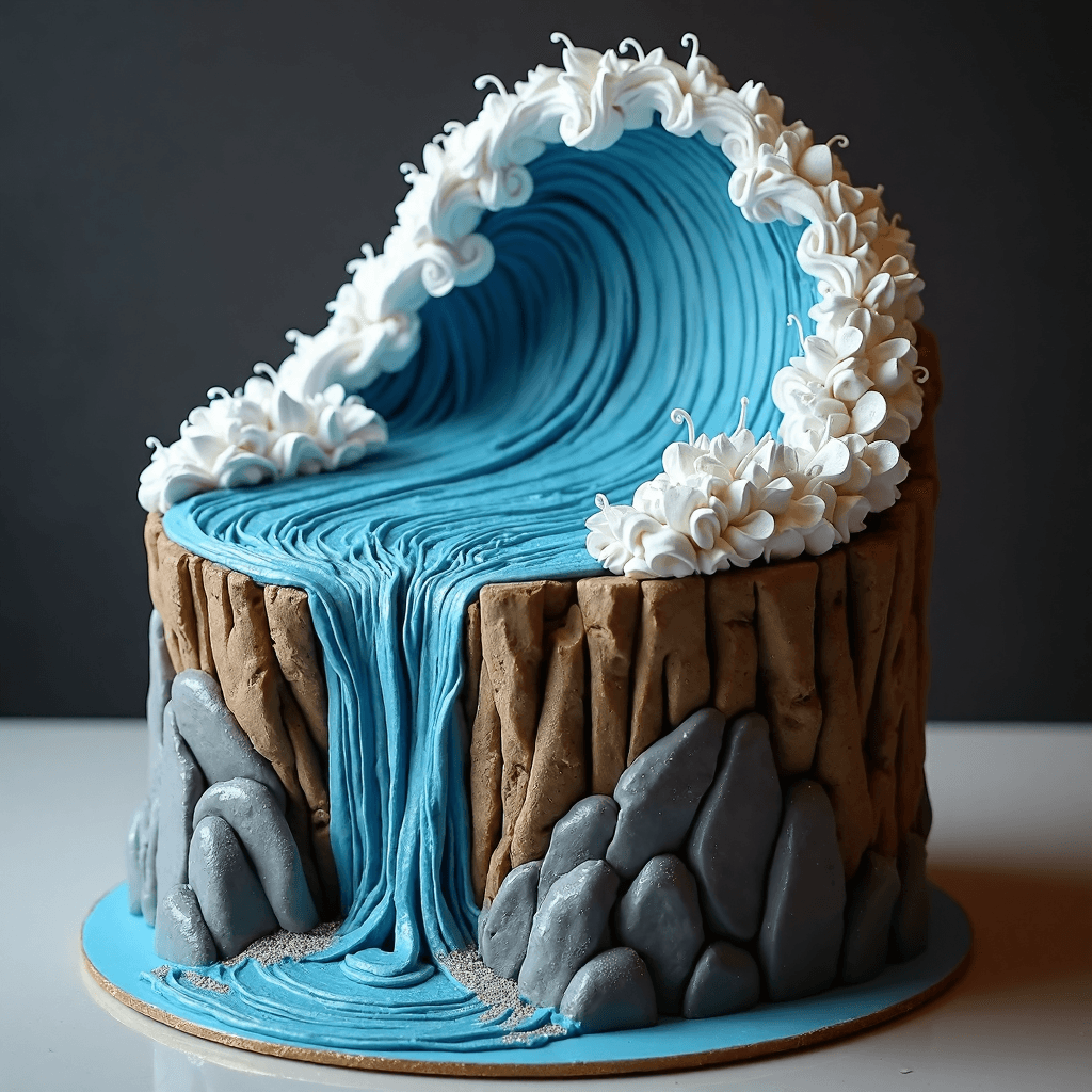 AI generated: A breathtaking cake modeled after a rugged cliffside, featuring deep crevices and textured stone-lik...