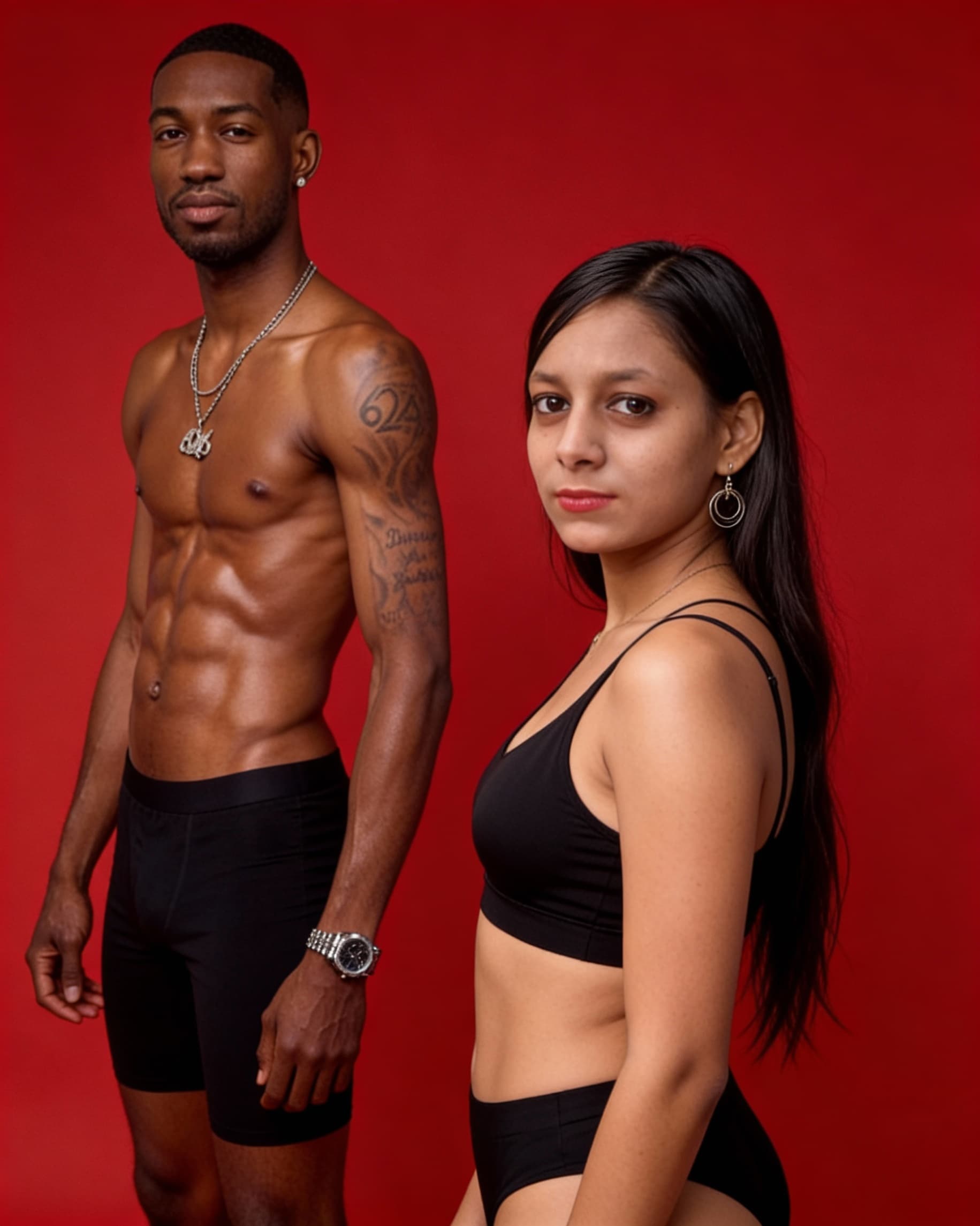 AI generated: The image shows two adults posing together in a studio setting against a solid red background. The w...