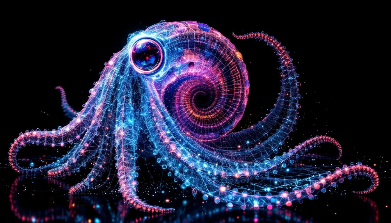 AI generated: 3D digital data mapped coded matrix blueprint,  transparent glass steampunk sculpture of a Nautilus ...