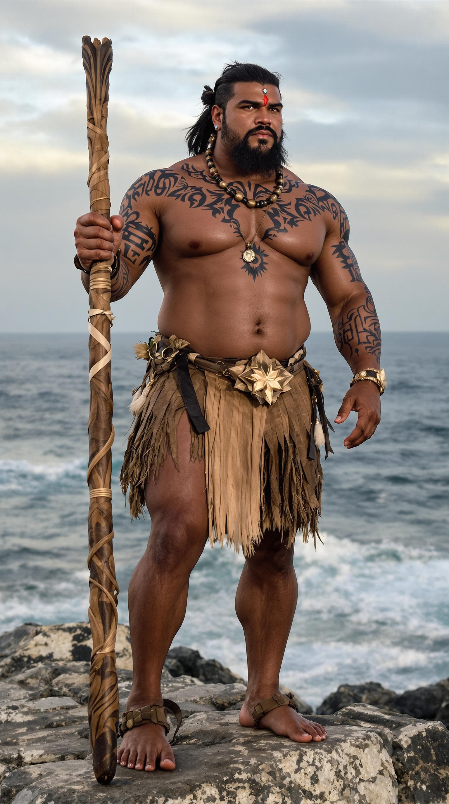 AI generated: Full body photorealistic image of a large muscular Polynesian man inspired by Maui; medium-wide shot...