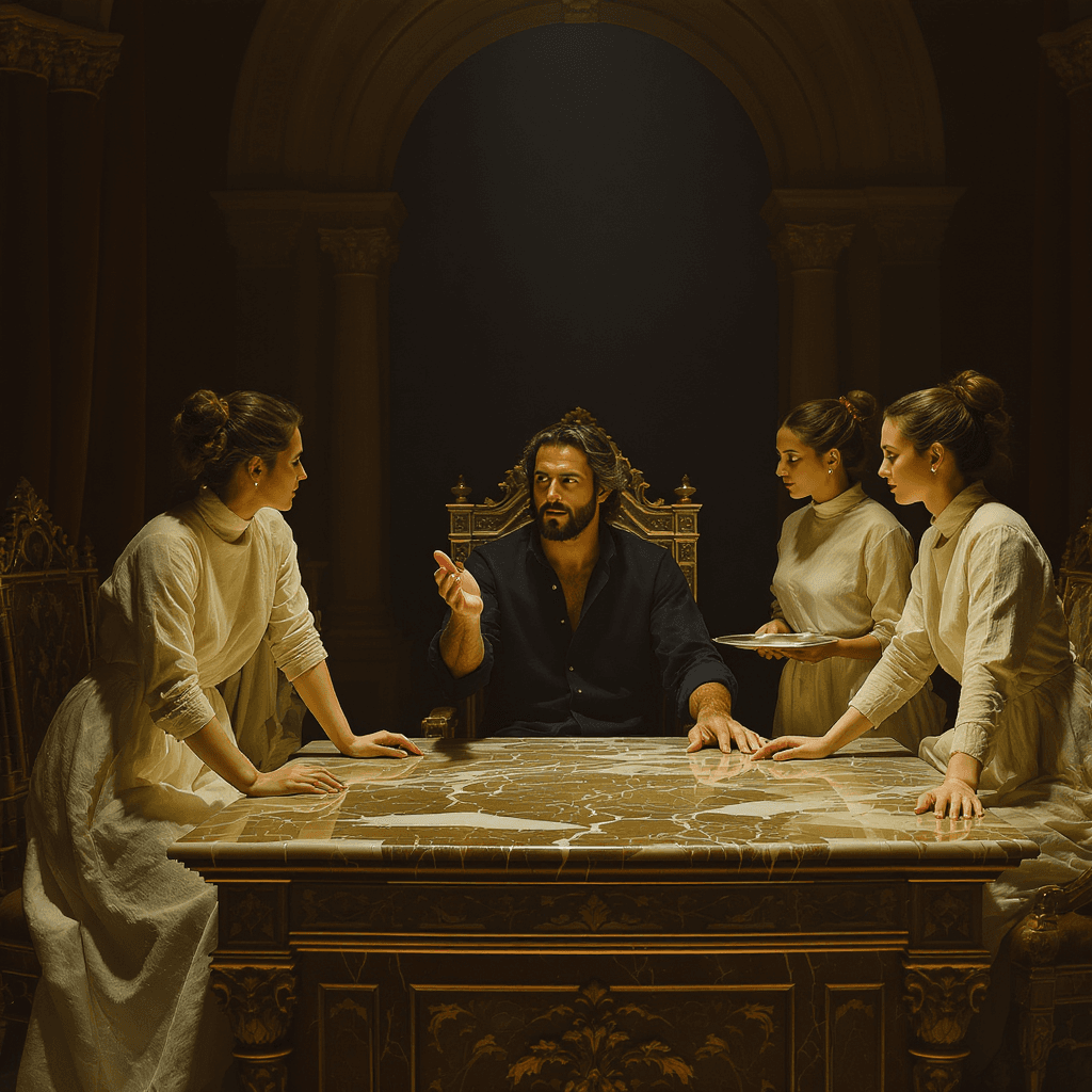 AI generated: Create a hyper-realistic masterpiece picture of a gorgious man sitting in the centre of "the last su...