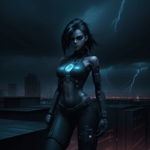 AI generated: Digital artwork, concept art, a cyberpunk girl with No estuve con Alberto text on her chest, standin...