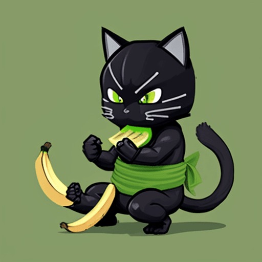AI generated: A green pixelated ninja cat eating a banana in comic style