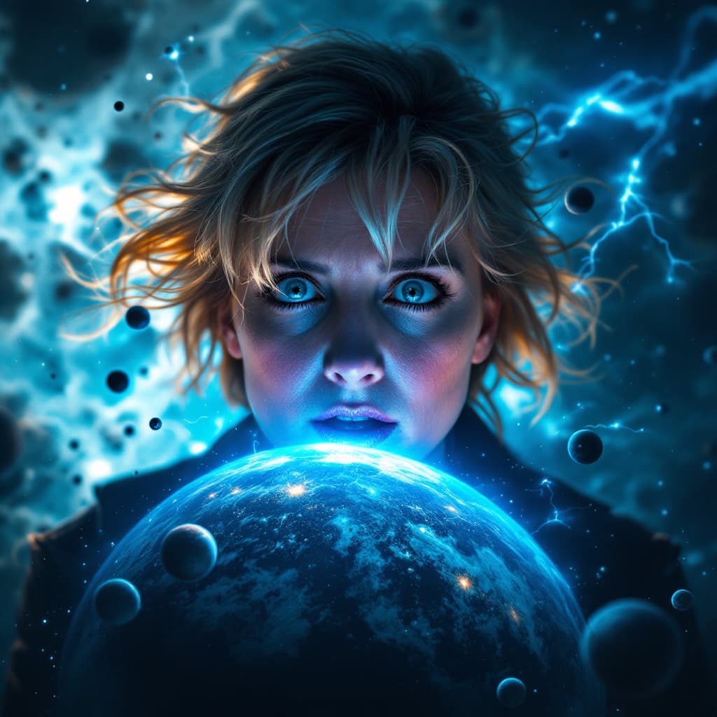AI generated: enormous giantess actress Jodie Whittaker as the 13th Doctor from Doctor Who,
bigger than a galaxy f...