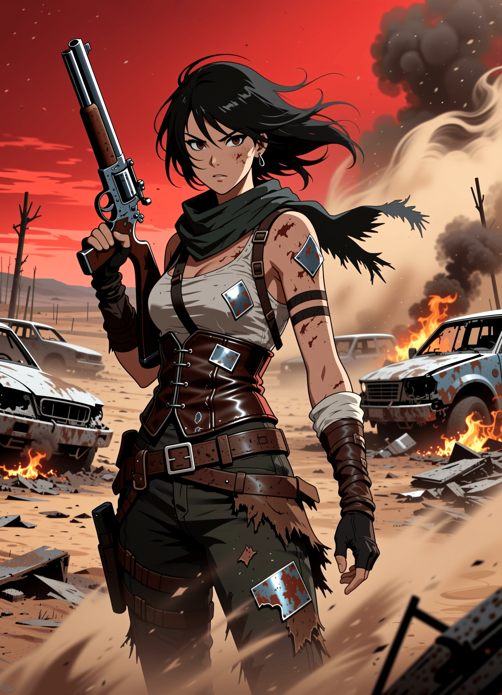 AI generated: A fierce young female bandit roams a desolate post-apocalyptic wasteland. Her tattered leather gear ...