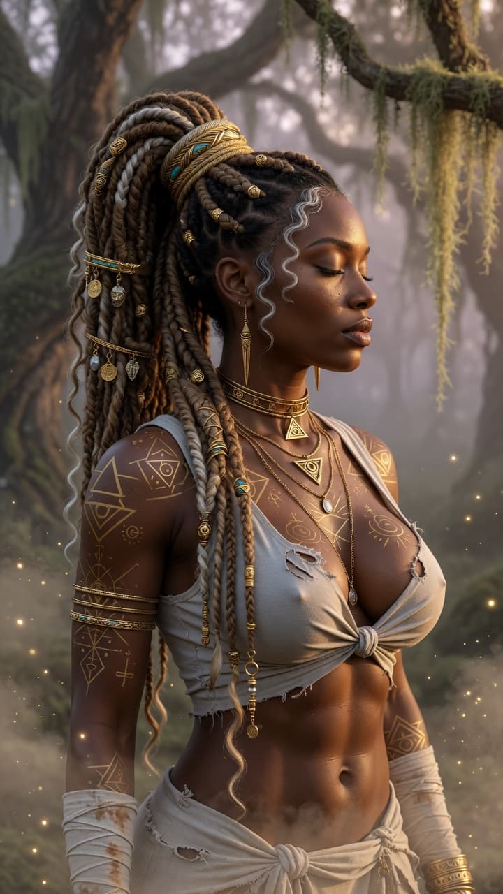 AI generated: Ultra-realistic photography of a beautiful athletic Black woman with glowing dark skin, thin delicat...