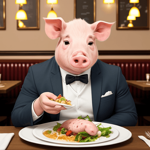 AI generated: Give me a picture for an advertising campaign of a classy clothed actual pig dining in a restaurant ...