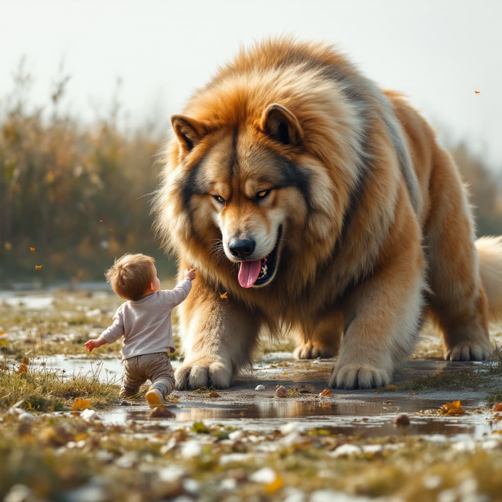 AI generated: A small child playing fetch with a massive friendly giagntic dog, they are friends --chaos 25 --ar 4...