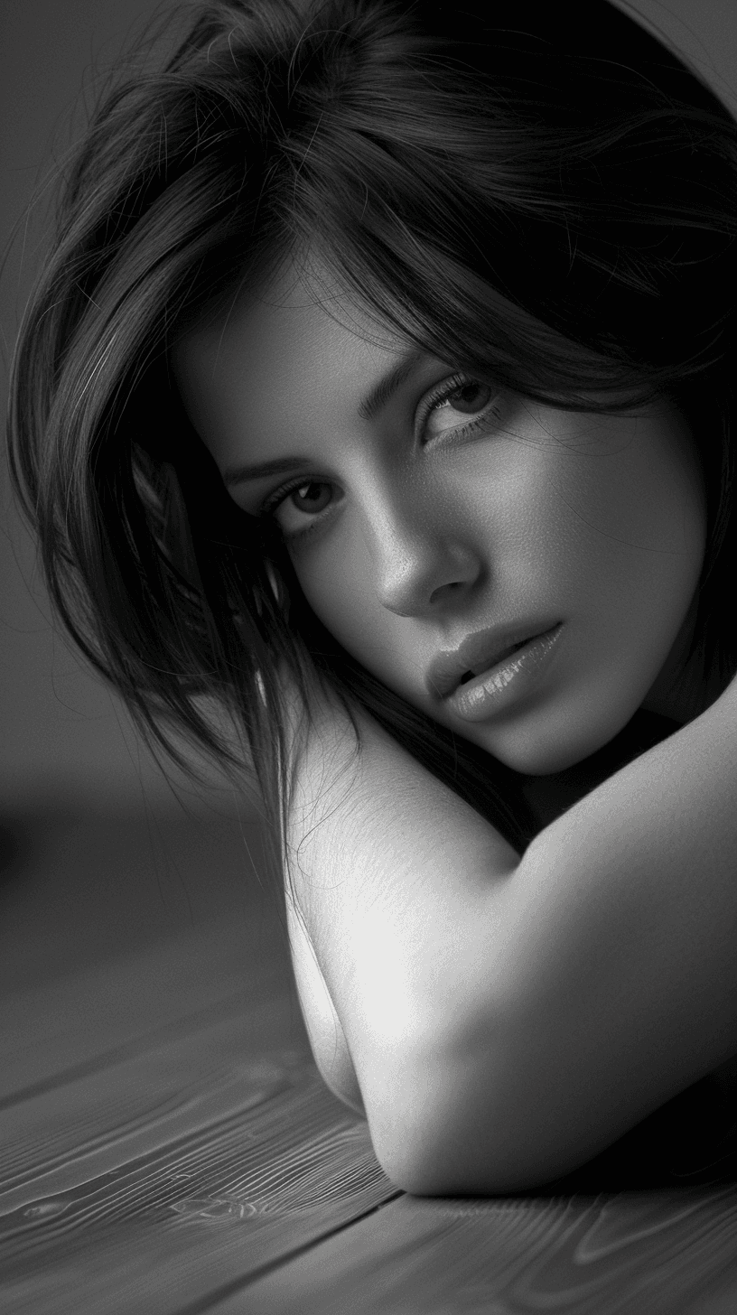 AI generated: a portrait of natural beauty, resting her head on her arms on the table, friendly expression, black ...
