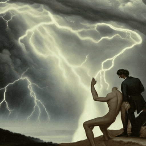 AI generated: Perseus and Nikola tesla watching a spectacular show of thunder in the skies