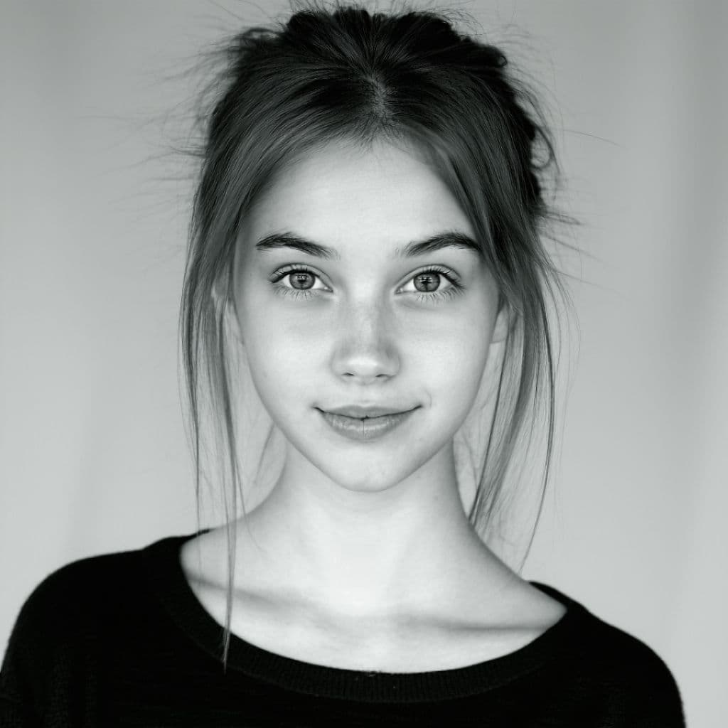 AI generated: 22 years old girl portrait black and white picture looking at you