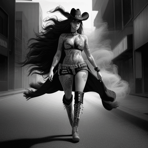 AI generated: A digital drawing of an urban cowgirl, full body, walking on the street, wearing cowboy boots and ha...