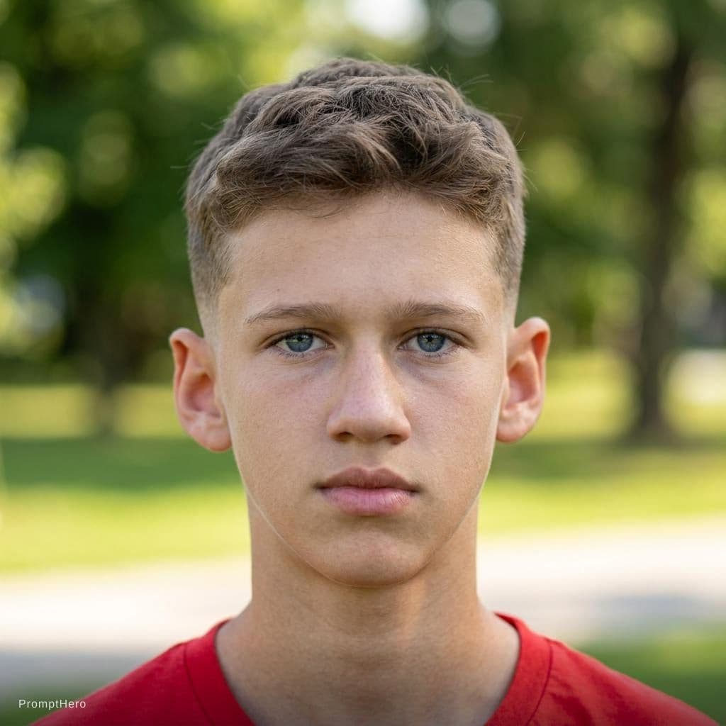 AI generated: 13-year-old boy, modern clean haircut, low taper fade, short sides gradually blended, medium length ...