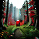 AI generated: painting of a clearing surrounded by a spruce forest from which red flowers with large petals peek o...
