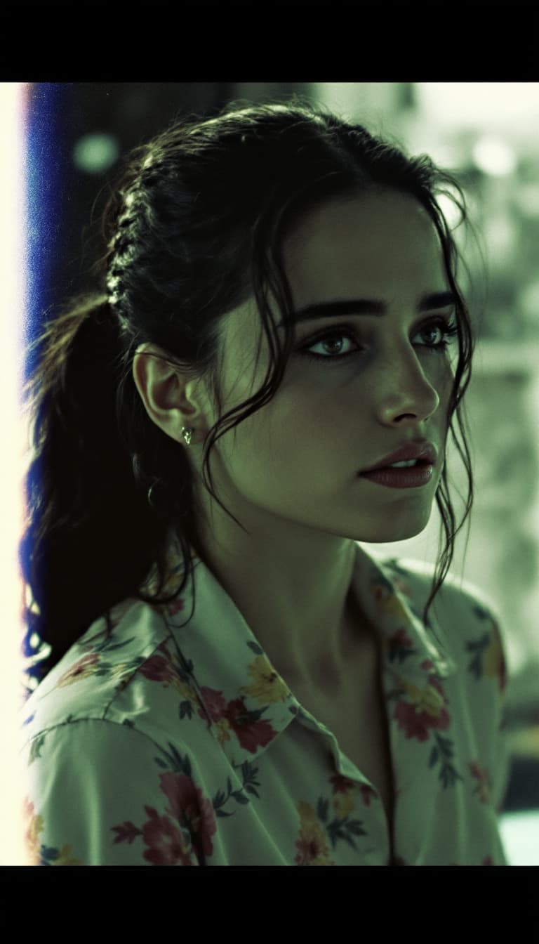 AI generated: 70's Polarized photo , Jennifer Connelly,ponytail hairstyle, feeling sad.