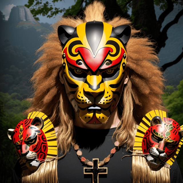 AI generated: man with jaguar warrior helmet mask with jaguar-style and abundant hair, wooden mask, fine wood deta...