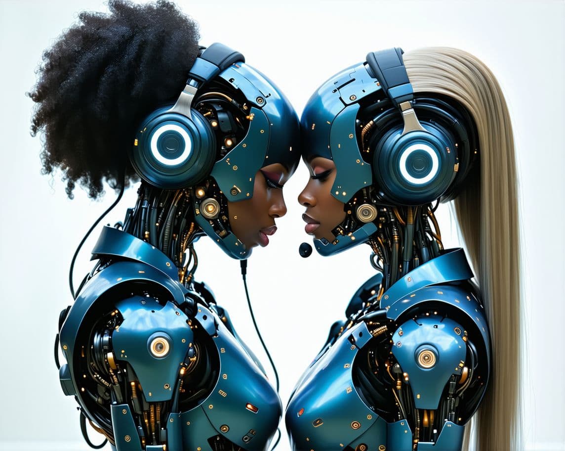 AI generated: Futuristic industrial dystopia cyberpunk supermodels goddess of beauty, one of them is a young beaut...