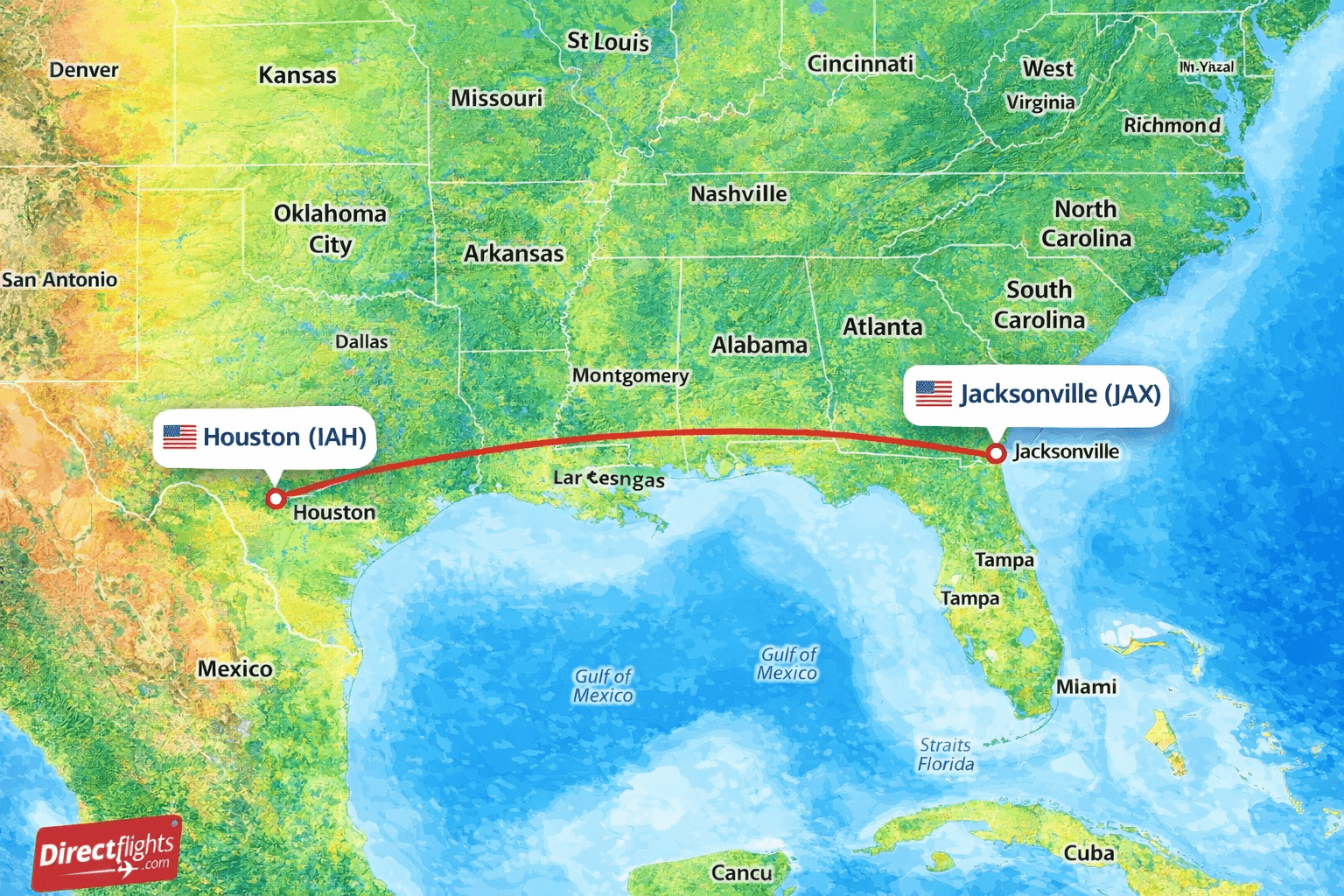 AI generated: A colorful map of the southeast United States with the flight route from Jacksonville to Houston.