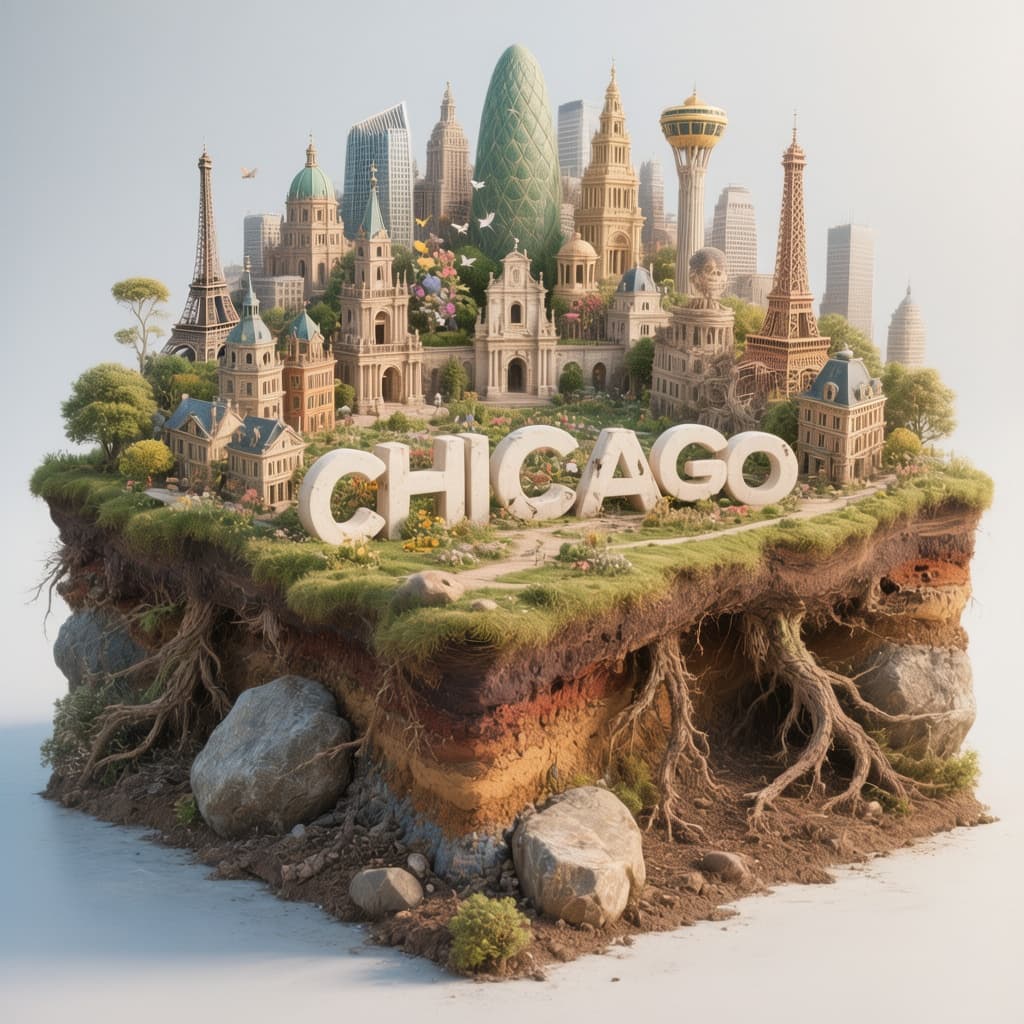 AI generated: Hyper-realistic 3D square diorama of CHICAGO, carved out with exposed soil cross-section beneath sho...