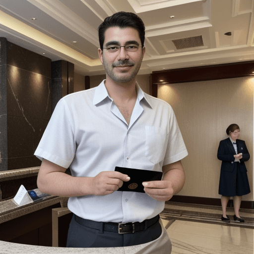 AI generated: Photographed by a hotel guest, a man hands a passport to the hotel receptionist
