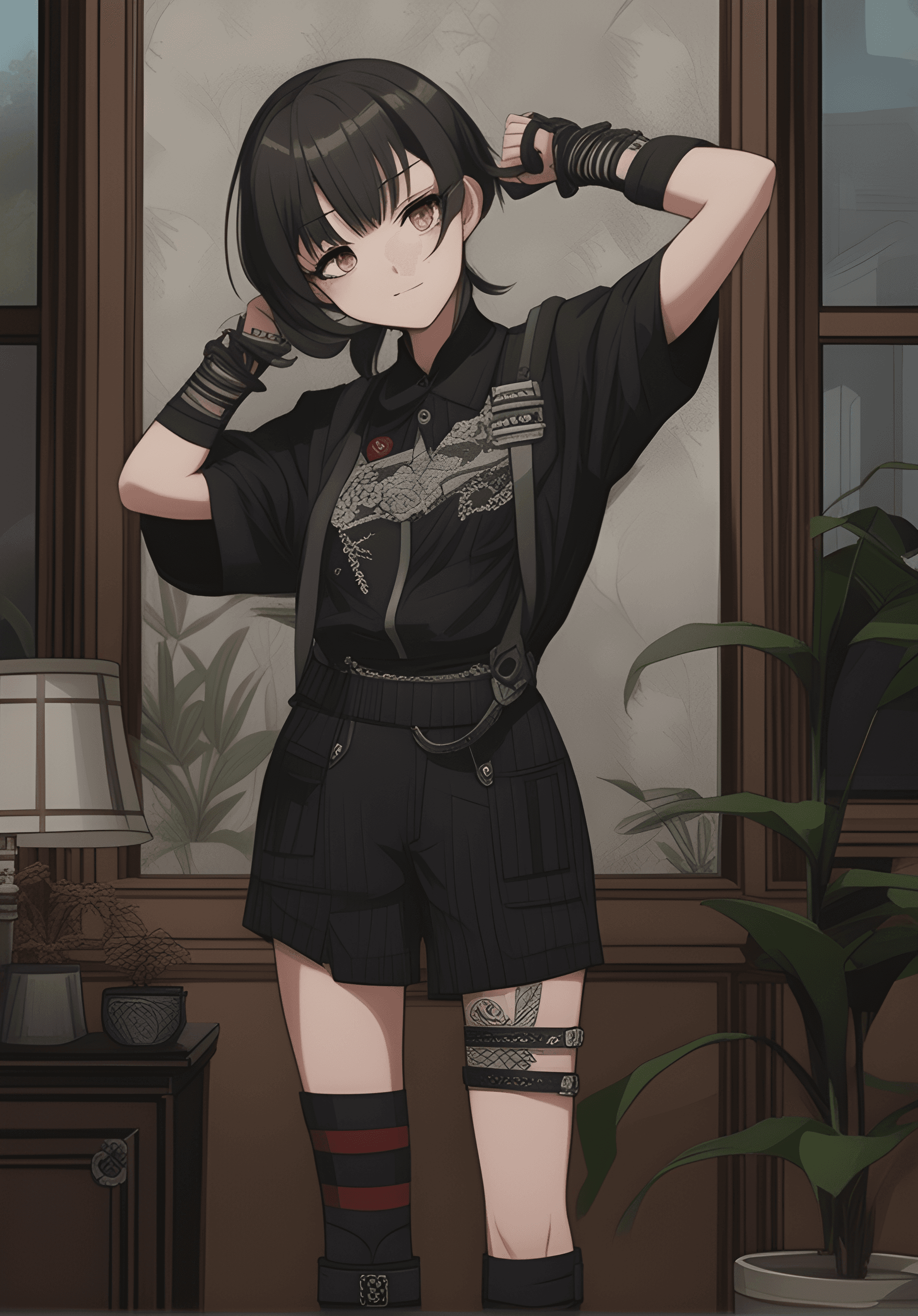 AI generated: a woman standing in a living room next to a potted plant, an anime drawing, trending on pixiv, fanta...