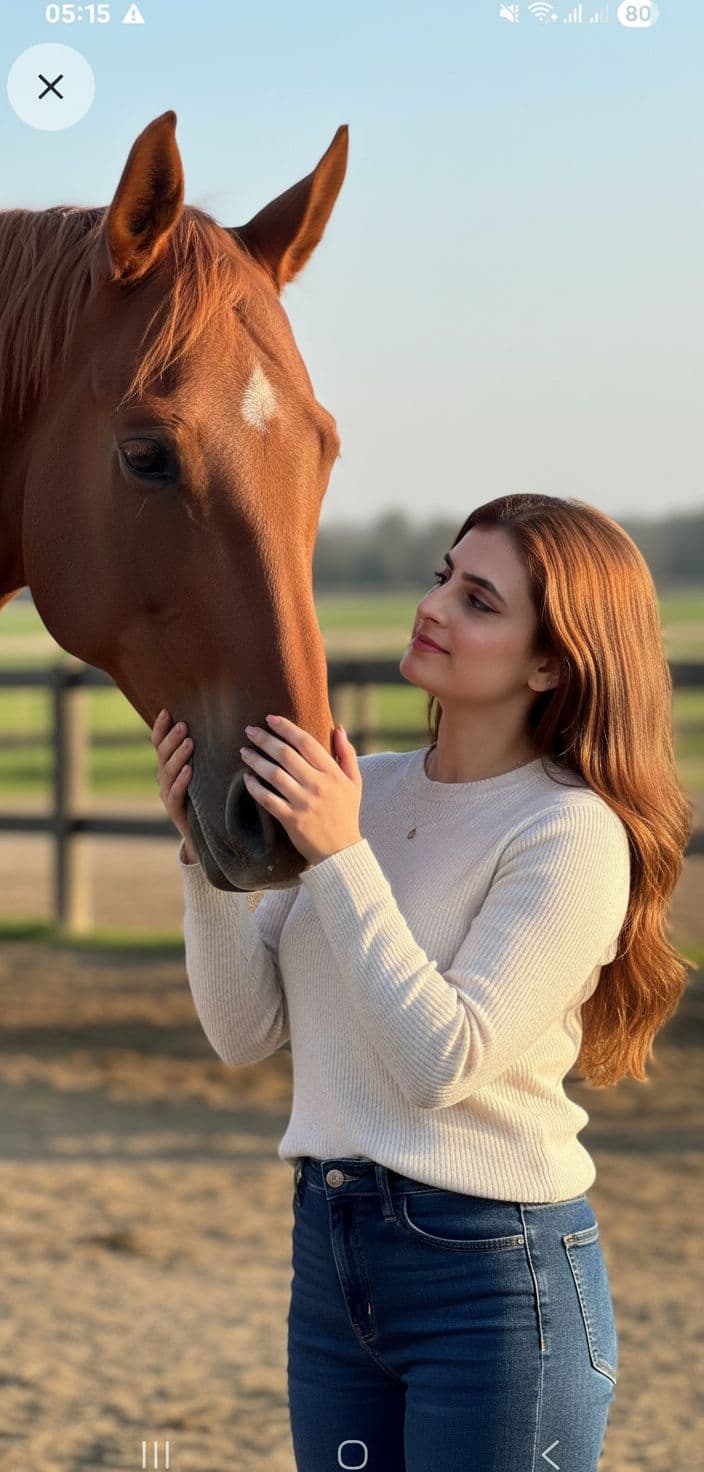 AI generated: beautiful, perfect realistic woman, 22 years old, long red hair, slightly curly, in front of horse h...