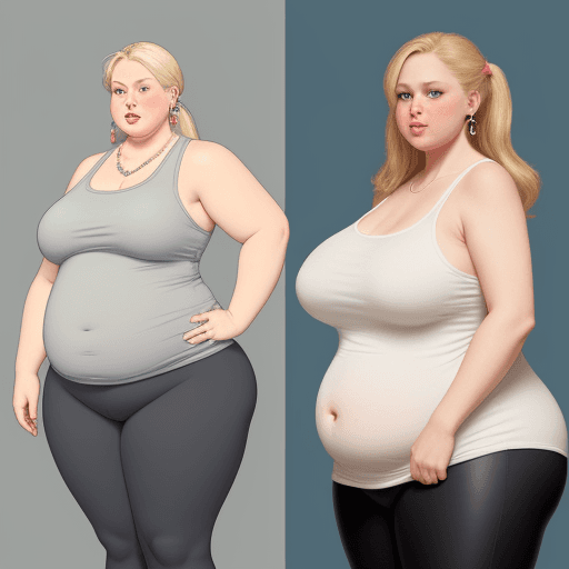AI generated: Skinny whitewoman gained weight over time and became fat. She is very full, and very wide. overweigh...
