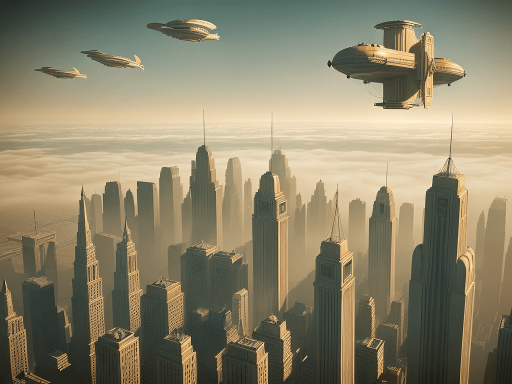 AI generated: 35mm photo of a huge art-deco style city, multiple airships flying in the air, aerial shot, beautifu...