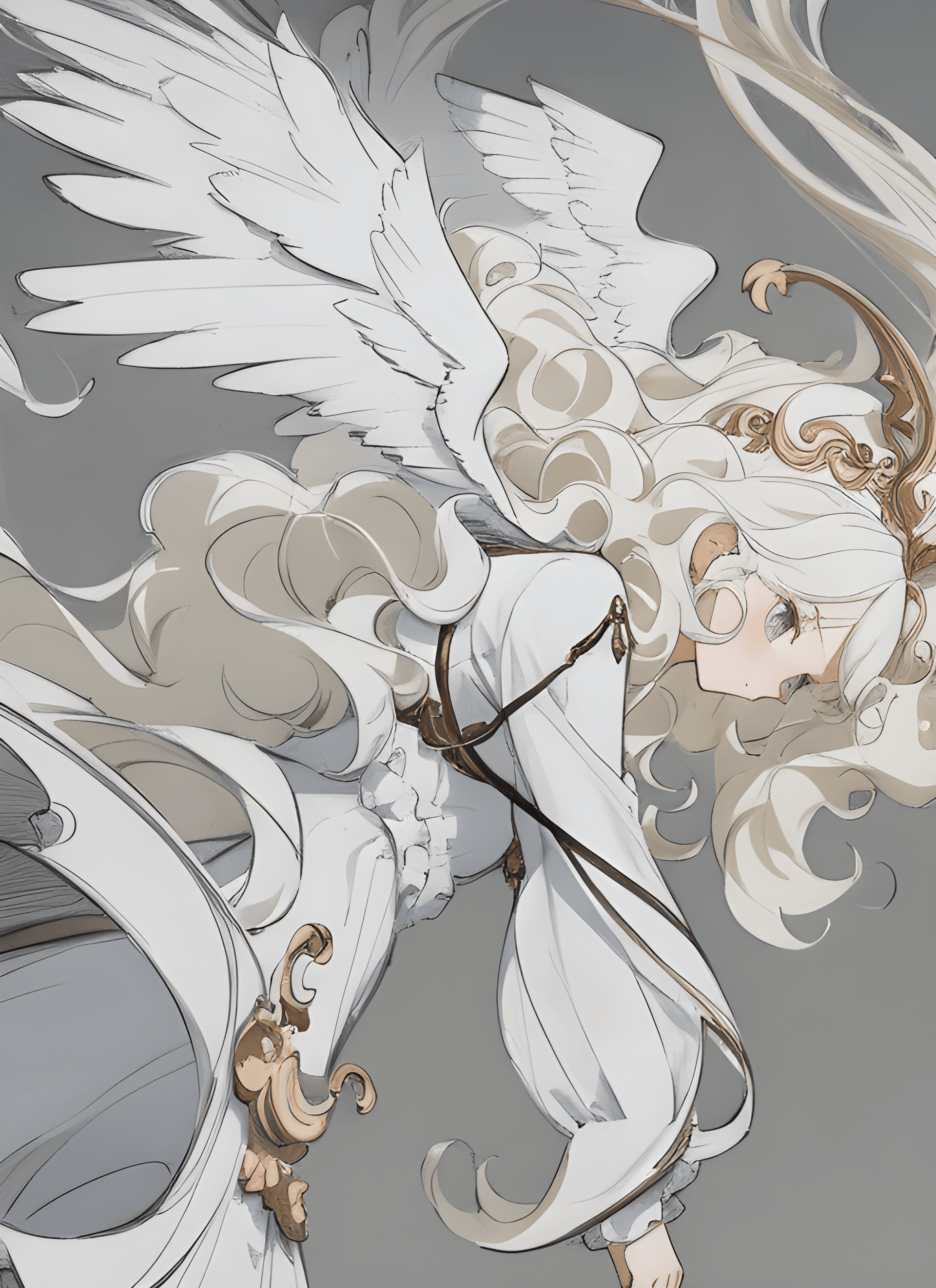 AI generated: a drawing of a woman with wings on her head, an anime drawing, tumblr, rococo, messy wavy white hair...