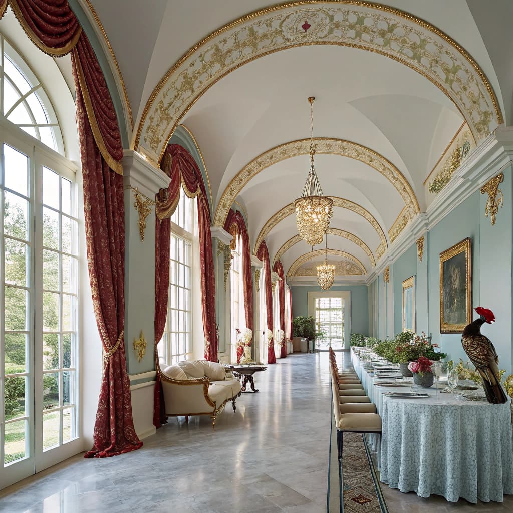 AI generated: Italian luxury long dining room with hig ceilling big arch shape windows with open red curtains red ...