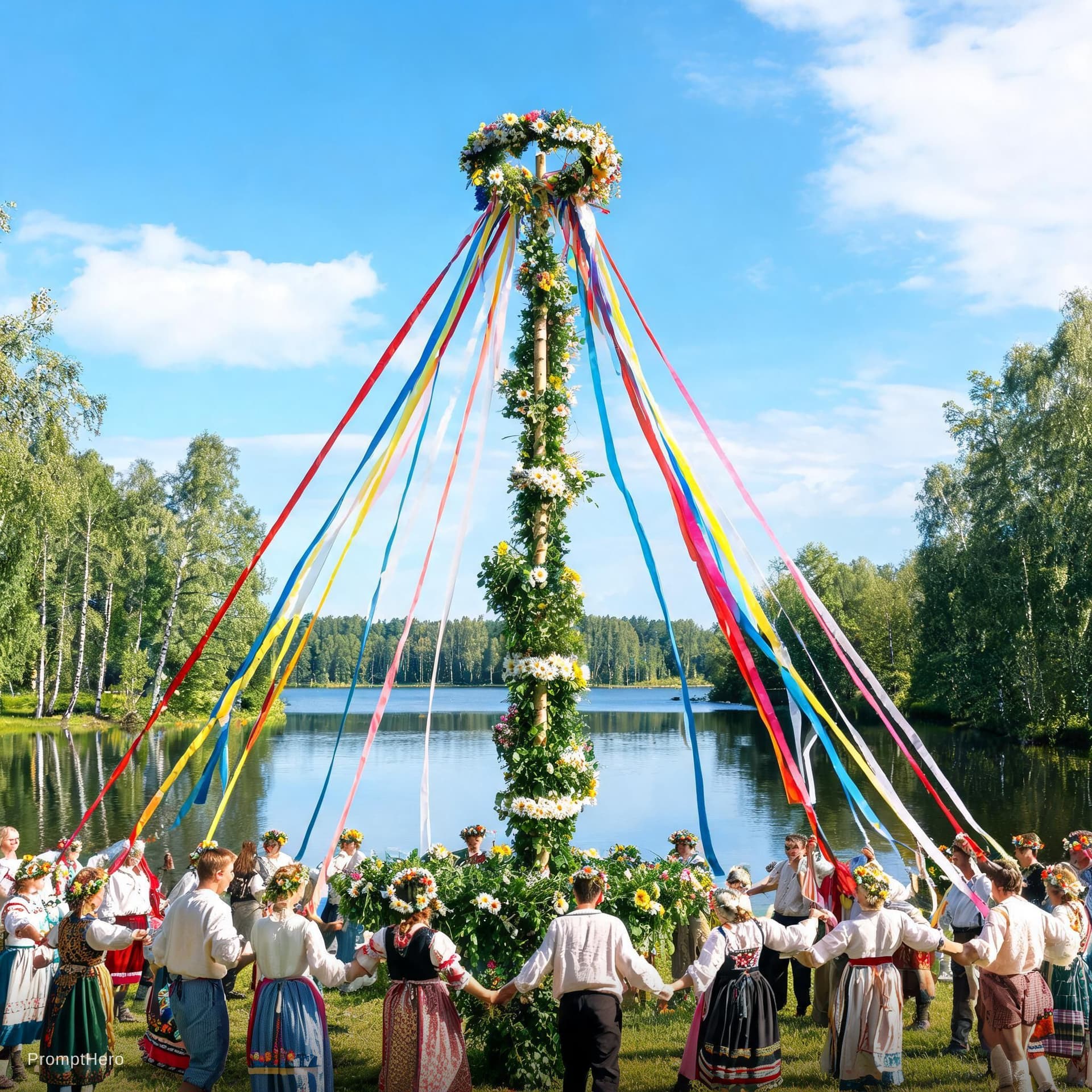 AI generated: Skapa en svensk midsommarstång med sjön immeln som bakgrund
