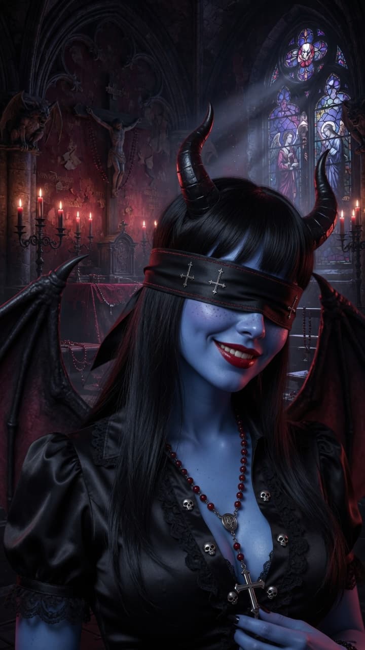 AI generated: dark theme, night scene, inside a demonic gothic church, atmospheric lighting, 
1 woman, beautiful c...