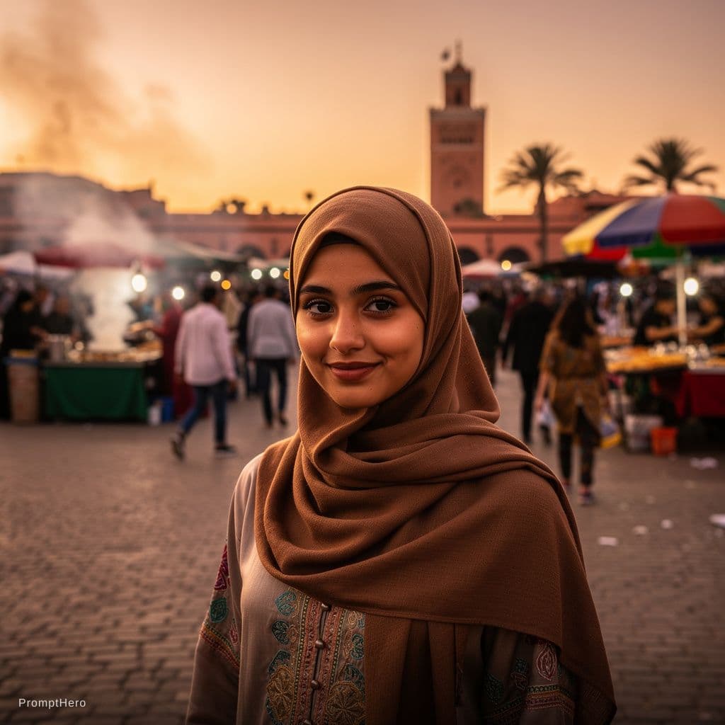 AI generated: I want a moroccon woman with Hijab and she is in jemmaa lefna  in Marrakech
