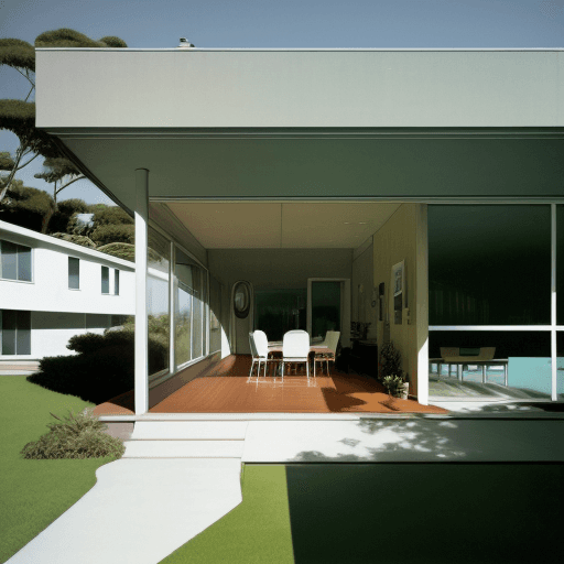 AI generated: Hyper realistic eye level exterior photo of a mid century modern style house overlooking the ocean, ...