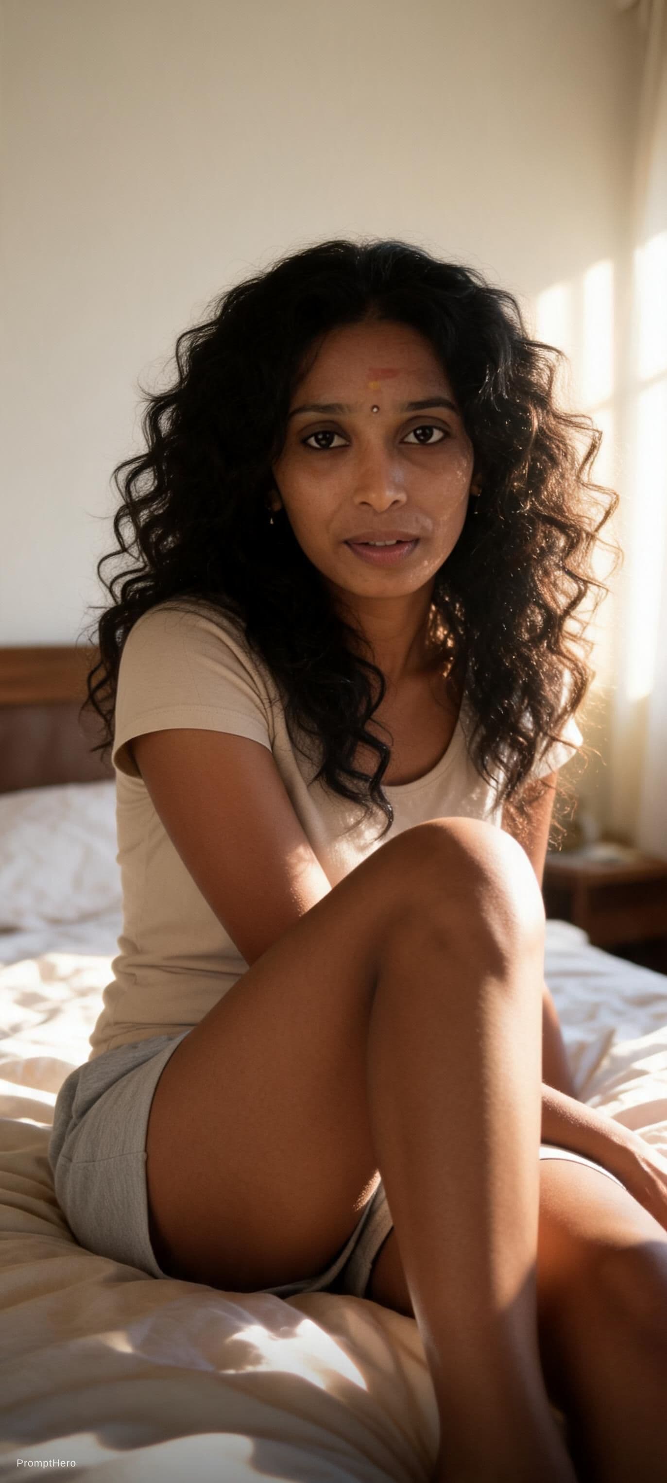 AI generated: A sun-dappled bedroom, warm afternoon light spilling across rumpled sheets. A woman with deep brown ...