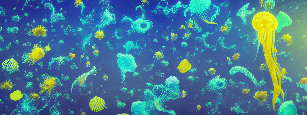 AI generated: flying yellow and blue Jellyfish escaping into a blue greenish sky fulfiled with exploding little he...